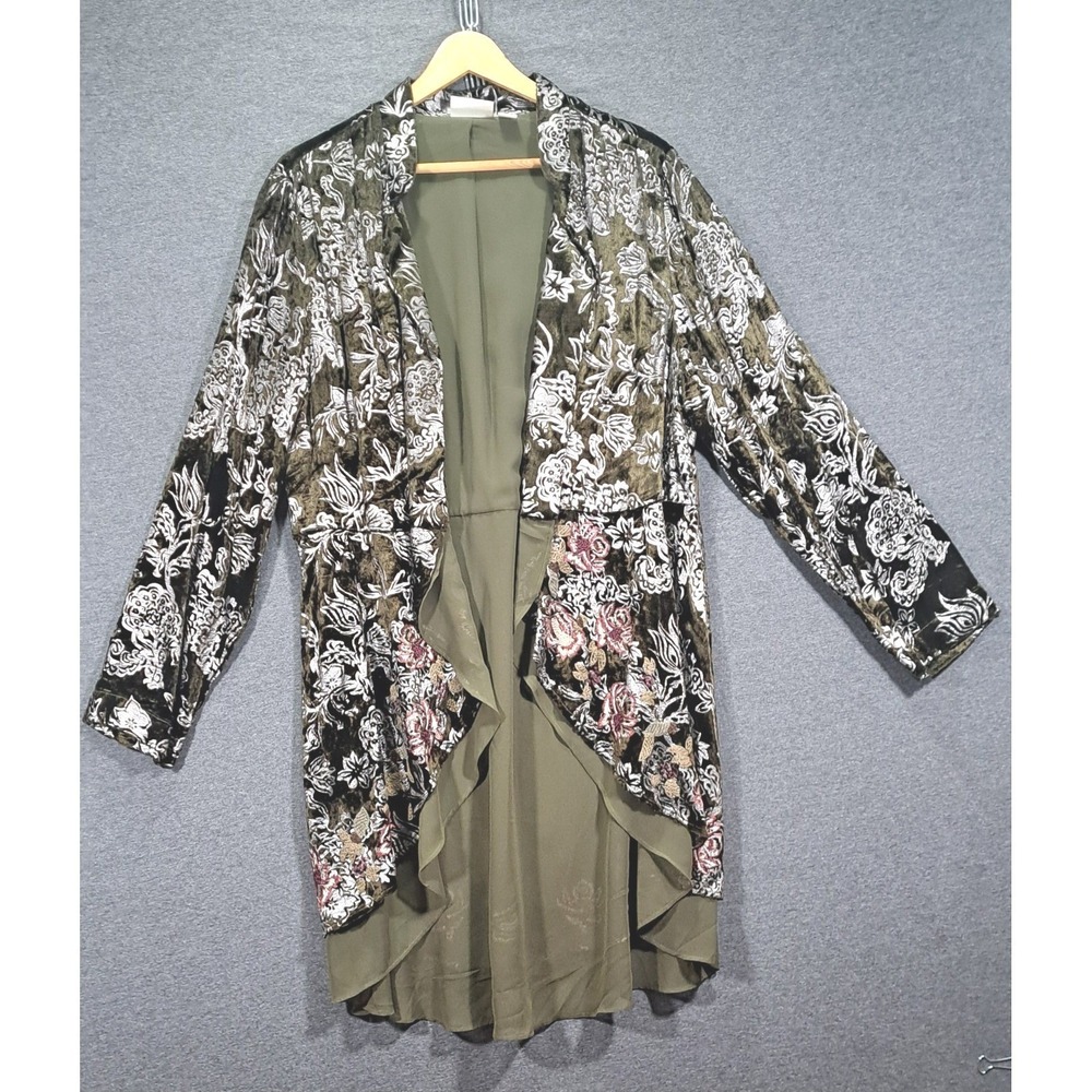 Chicos Velvet Burnout Floral Duster Cardigan Olive Green Silver Size 2 Large